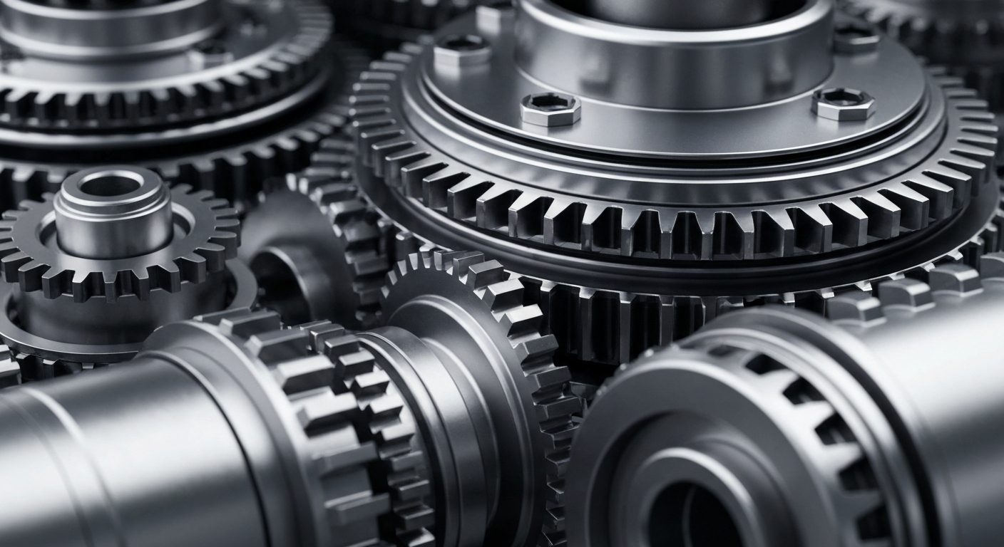 A highly detailed, cinematic close-up of heavy, tangible banking mechanics and objects in shades of silver, steel, and black, conceptually representing Eaton's industrial power and precision.