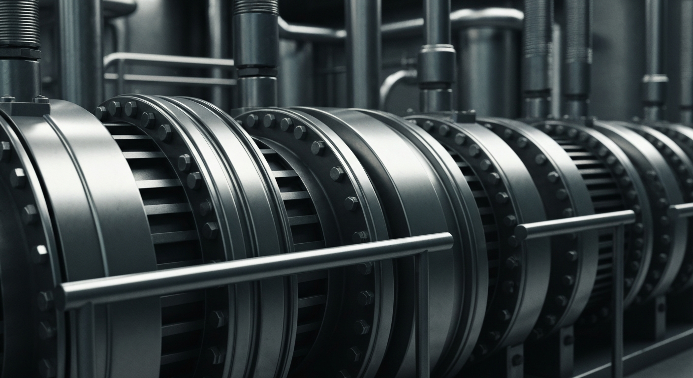 A highly detailed, cinematic close-up image of heavy, polished industrial machinery and equipment, representing the tangible financial security and banking infrastructure of the specialty chemicals industry.