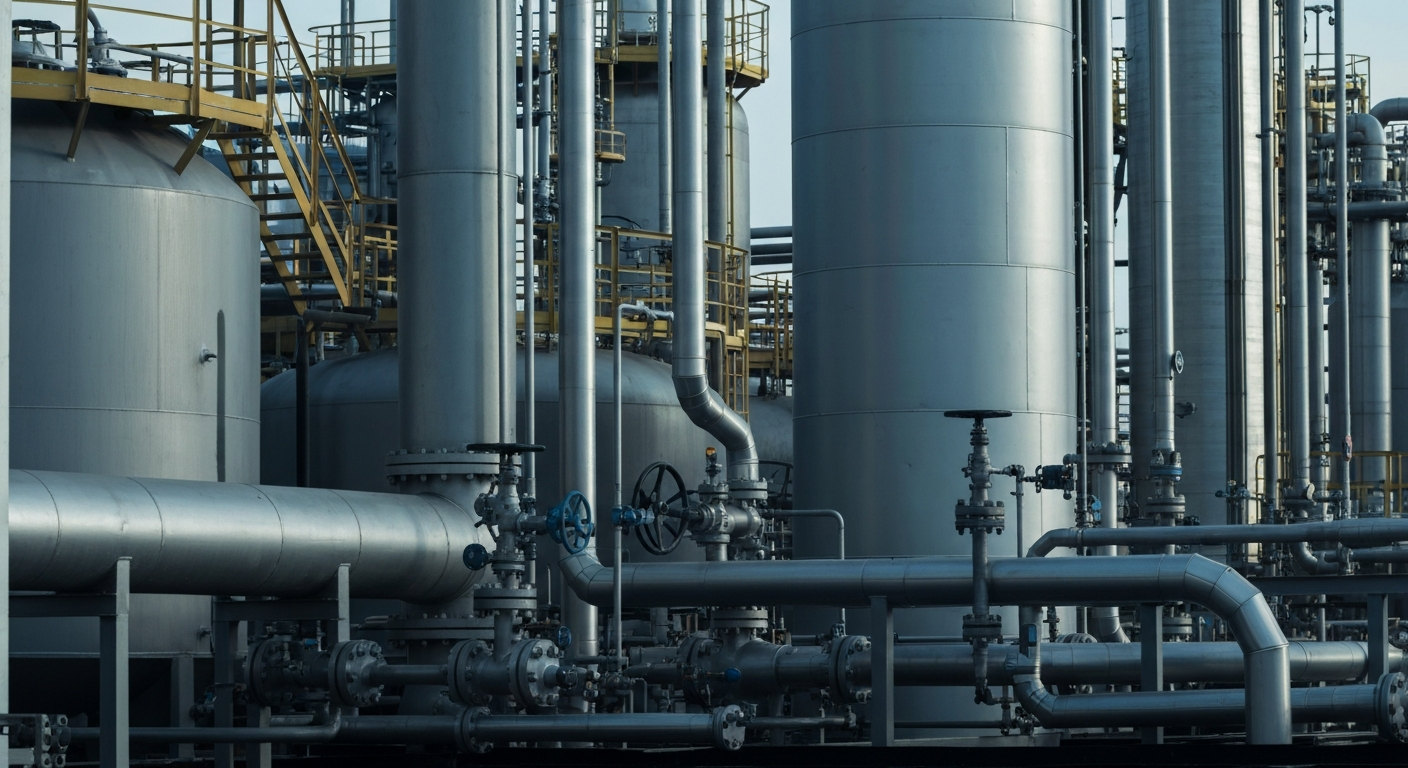 An extreme close-up of industrial chemical processing equipment, including large storage tanks, pipes, and valves, rendered in a cinematic, high-contrast style that emphasizes the scale and complexity of the company's manufacturing operations.