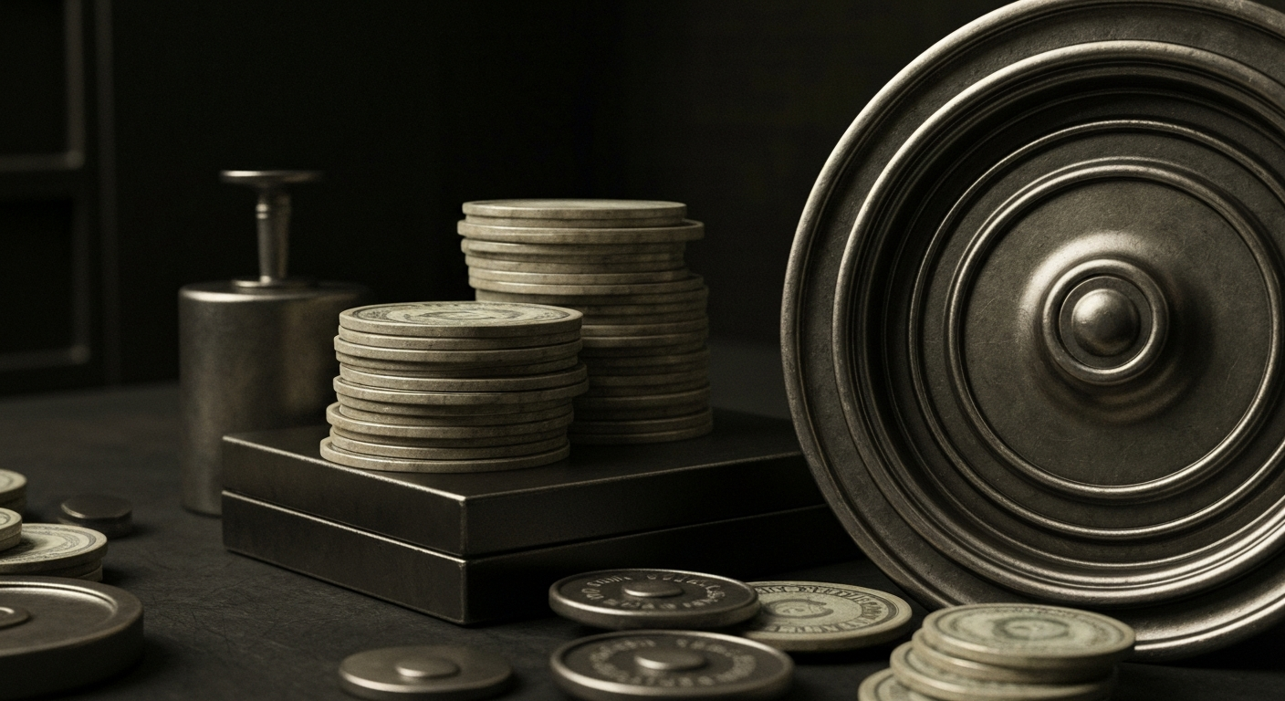 A close-up, cinematic view of heavy, industrial banking machinery and objects, conveying a sense of the tangible financial security and institutional power underlying the stock market.