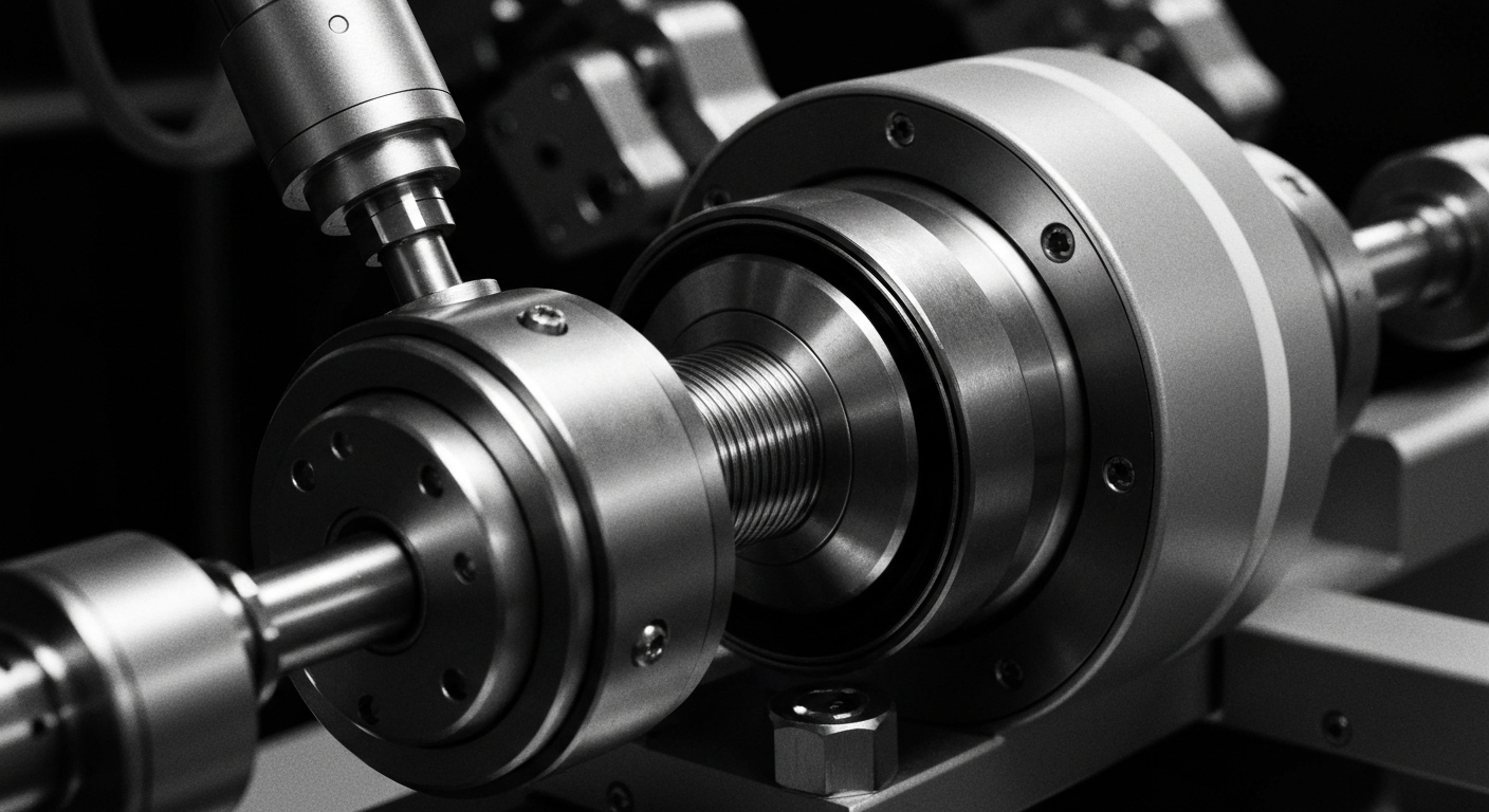 A high-contrast, black-and-white close-up image of a complex, industrial-looking medical device, conveying a sense of precision and technological advancement without any text or branding.