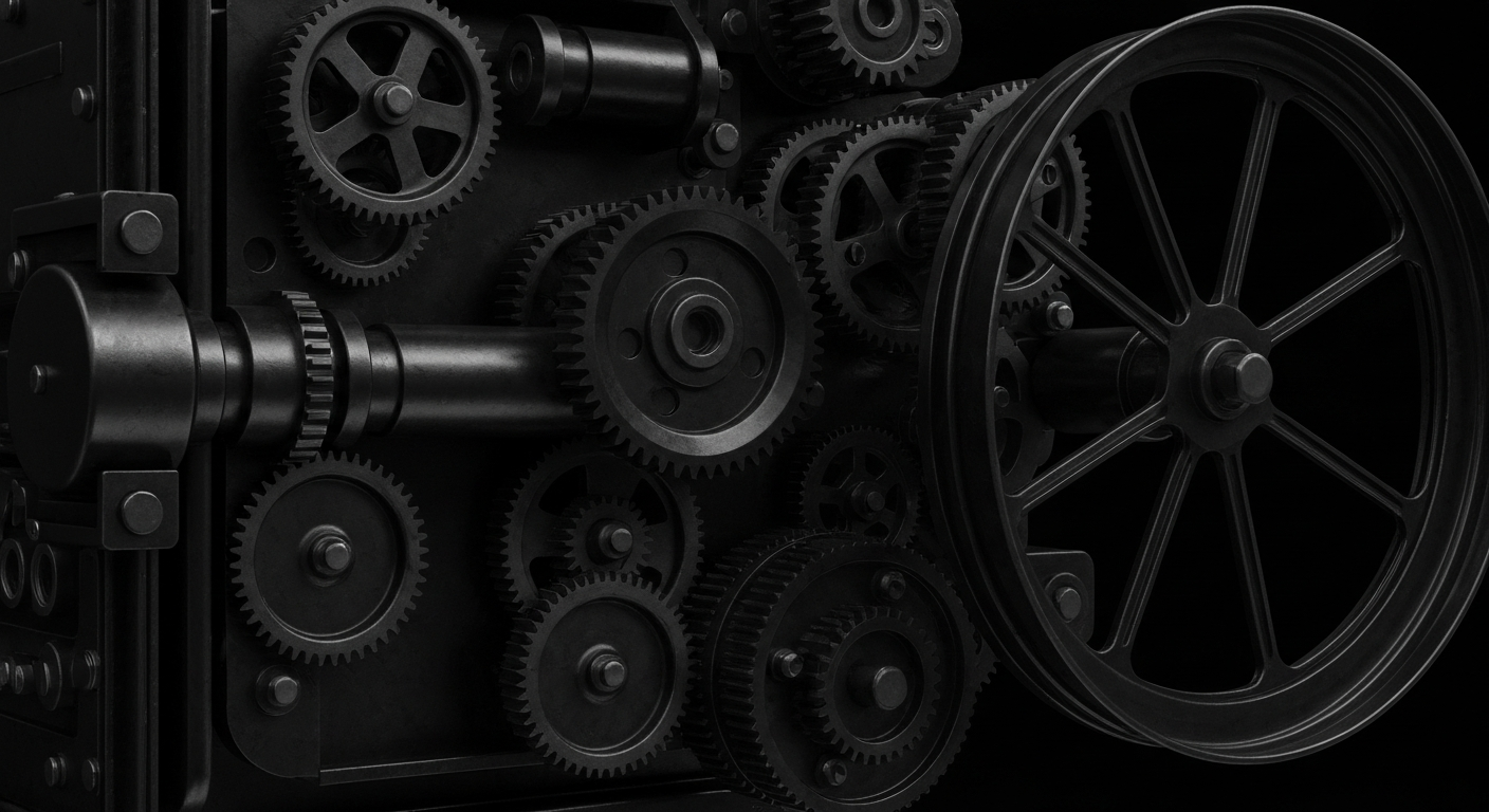 An extreme close-up of the complex gears and mechanisms of a movie theater projector, conveying the intricate financial infrastructure that supports the cinema industry.