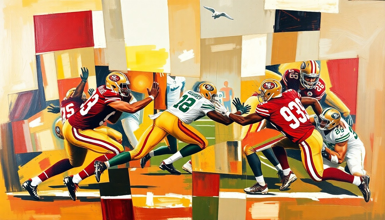 A fragmented, geometric painting depicting a 49ers defensive play, with sharp, overlapping planes representing the multi-faceted nature of the secondary.