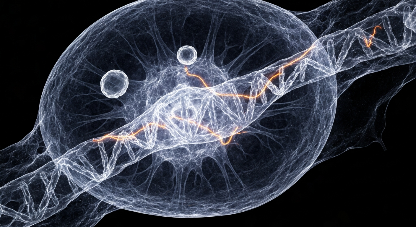 A highly detailed, translucent X-ray image revealing the intricate internal structure of a breast cancer cell, with glowing lines highlighting the extrachromosomal DNA and the kinesin protein target, conceptually illustrating the molecular mechanisms underlying the development of a new targeted therapy.