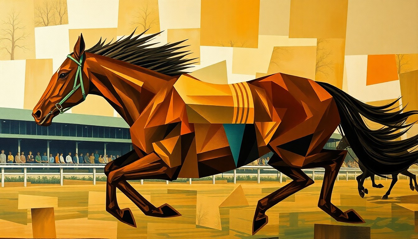 A fractured, multi-perspective painting depicting the dynamic motion and energy of a Thoroughbred racehorse, with sharp, overlapping geometric planes in a palette of rich, earthy tones.