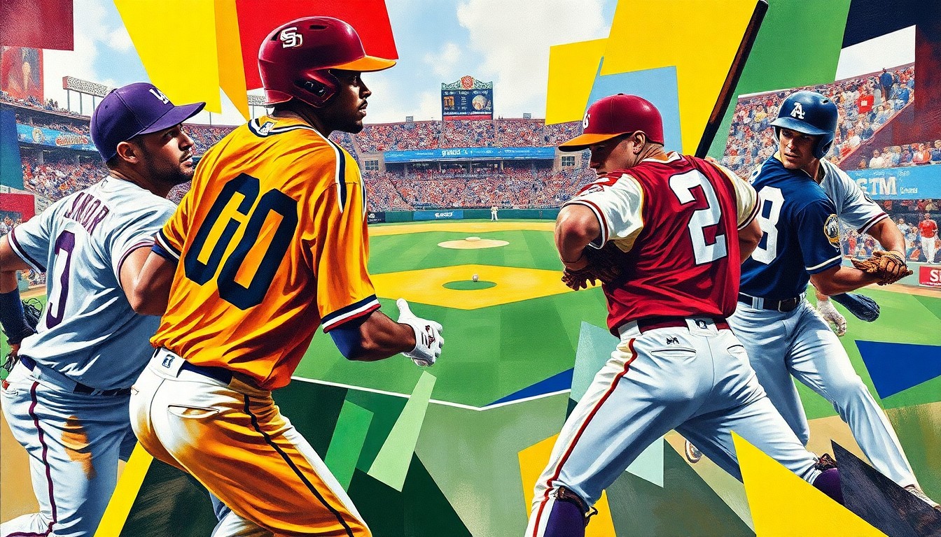 A fractured, multi-perspective painting in vibrant colors depicting the action of a college baseball game, with players' bodies and equipment dissolving into abstract geometric shapes.