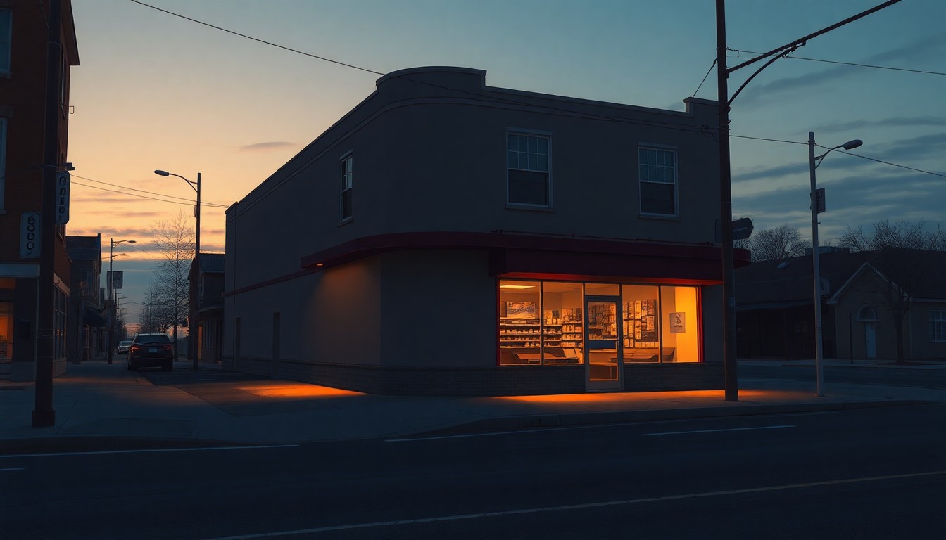 A quiet, cinematic painting of an empty corner store at dusk, the building bathed in warm, diagonal sunlight and deep shadows, conceptually illustrating the former president's disconnect from the realities of middle-class and low-income communities.