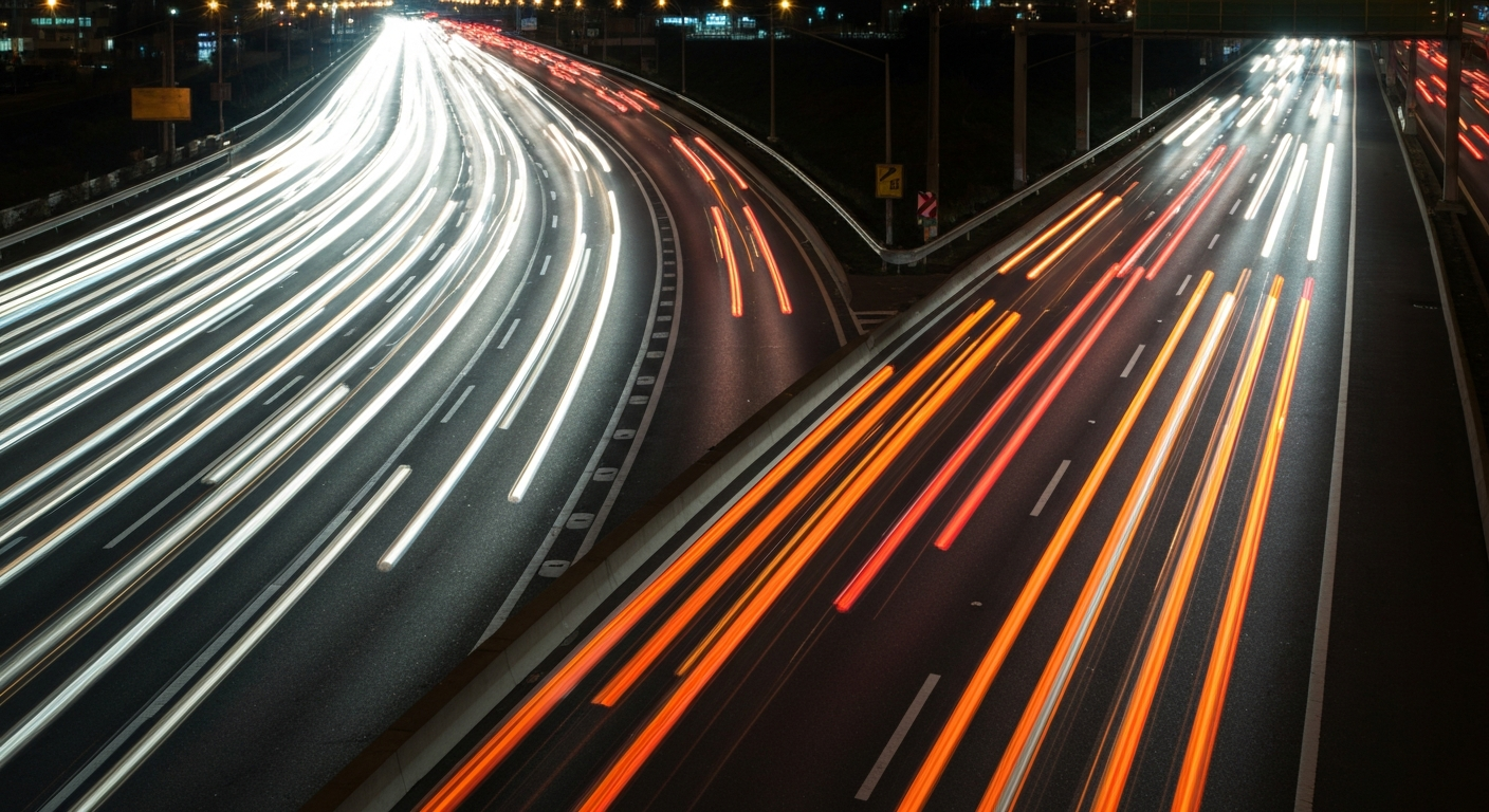 An abstract, impressionistic photograph of a busy highway at night, with streaks of vibrant red, white, and yellow lights blurred together to convey the dynamic motion and energy of urban transportation.