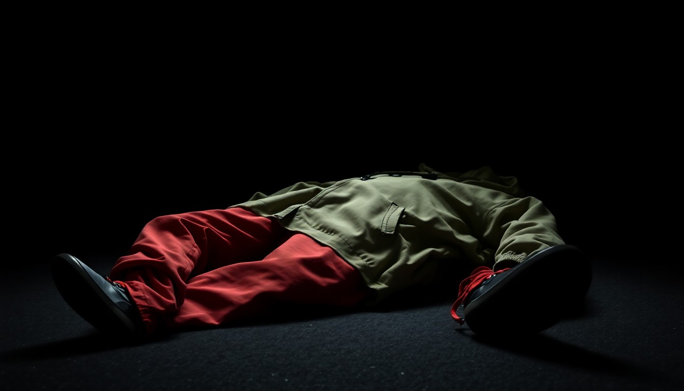 An extreme close-up photograph of a discarded khaki hoodie and red-and-black pants lying on the ground, lit by a harsh, direct camera flash against a pitch-black background, conceptually illustrating the evidence gathered in a criminal investigation.