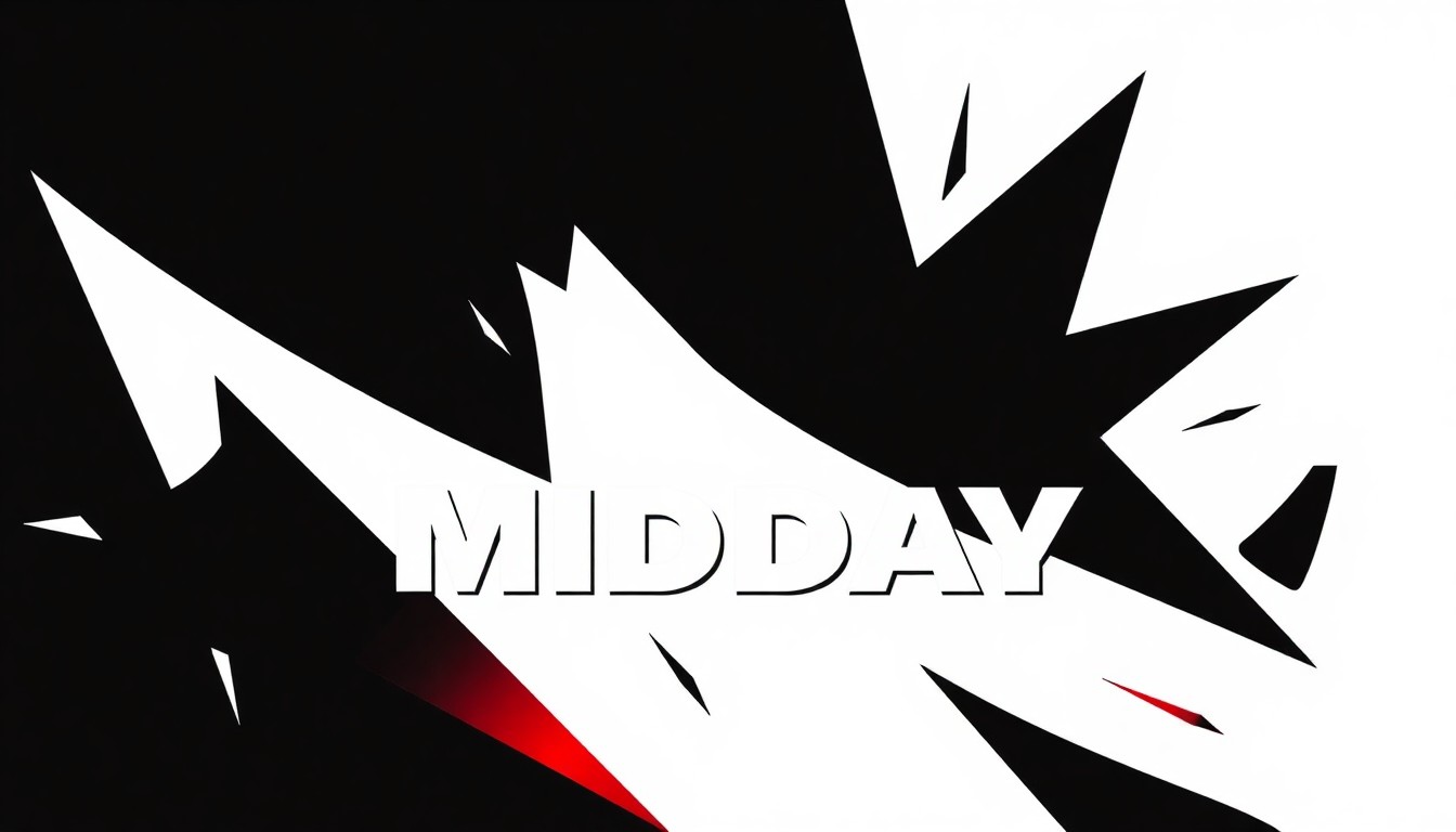 A dynamic, abstract composition of angular black and red shapes against a stark white background, conveying the vibrant spirit of a radio station's midday programming.