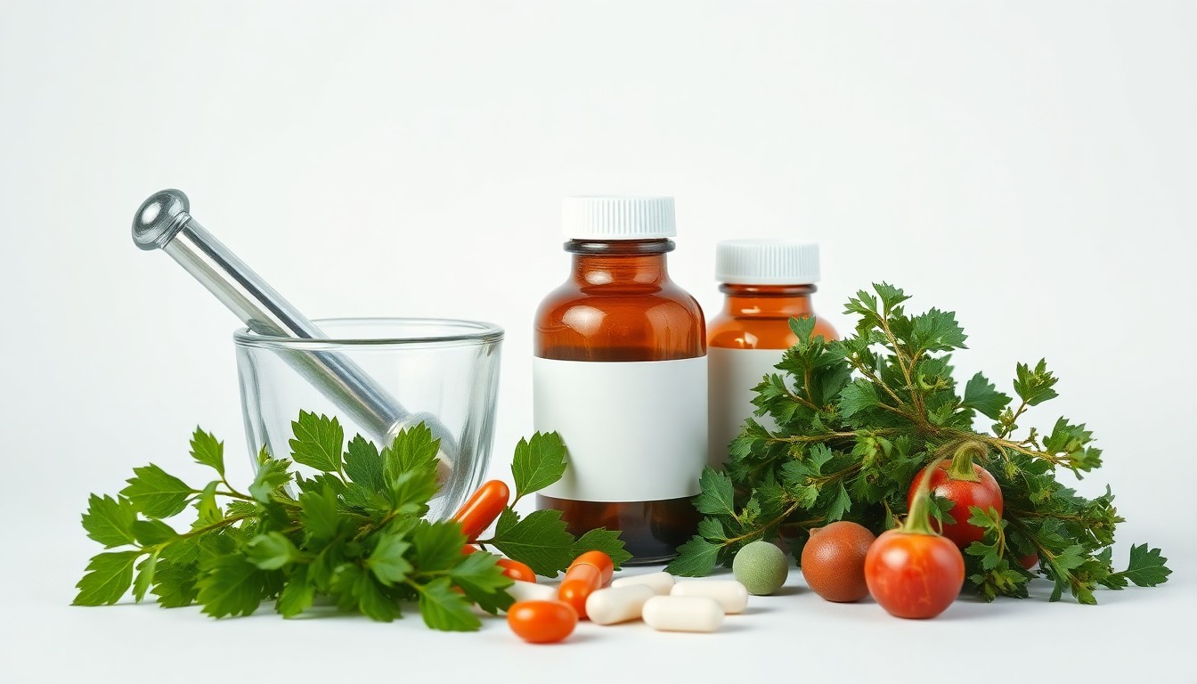 A minimalist studio still life photograph featuring a glass mortar and pestle, a stack of pill bottles, and a small bouquet of fresh herbs, symbolizing the blending of traditional pharmacy care and modern grocery store convenience.