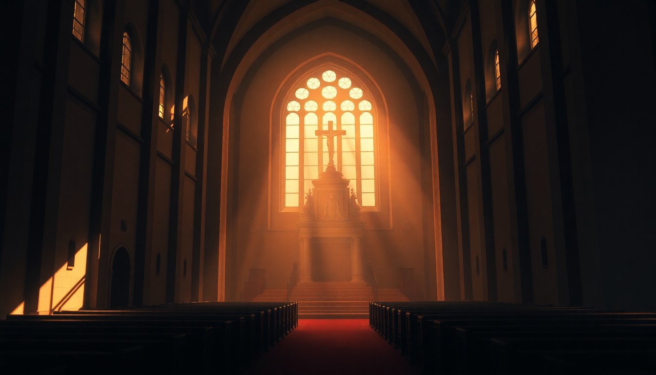 A serene, photorealistic painting of an empty Catholic church interior, with sunlight streaming through the stained glass windows and casting long shadows across the pews, conveying a sense of contemplation and unease.