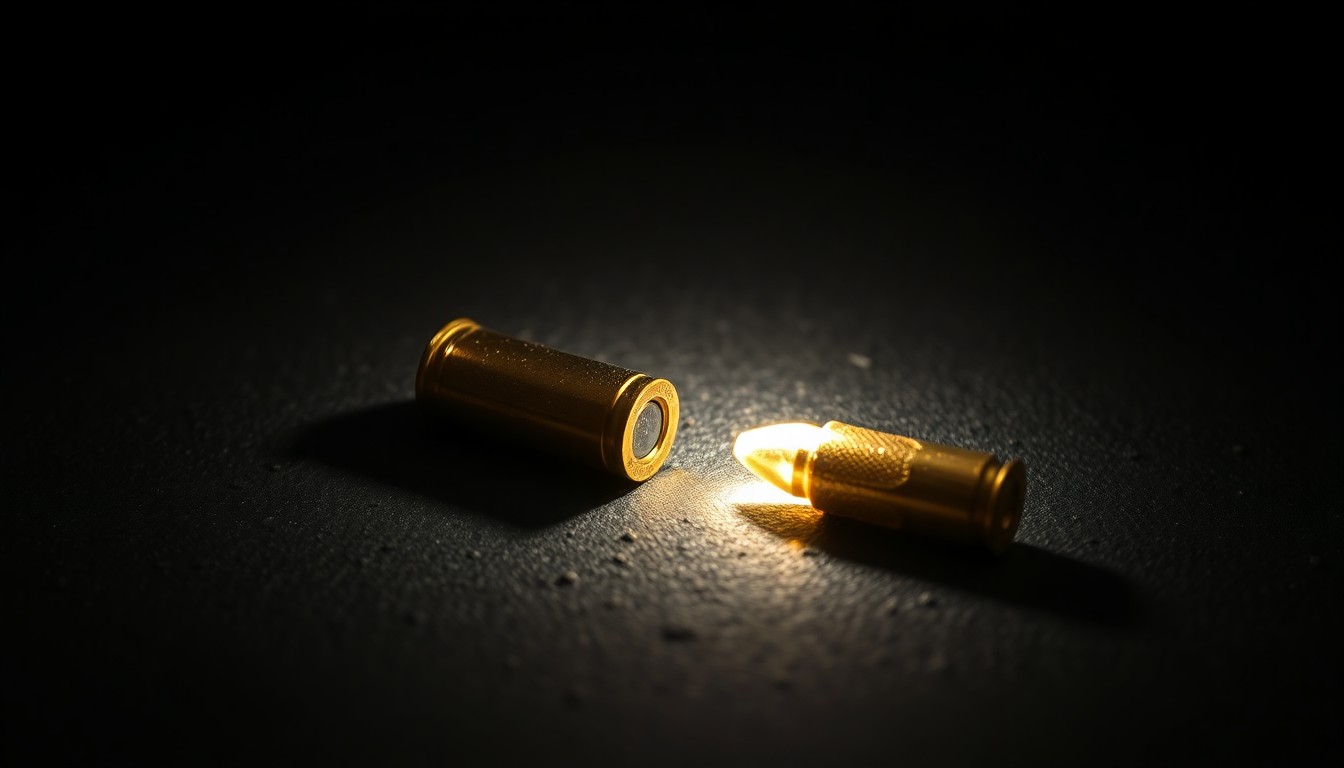 An extreme close-up of a single spent bullet casing on a dark, textured surface, lit by a harsh, direct camera flash, conceptually illustrating the aftermath of a shooting incident.