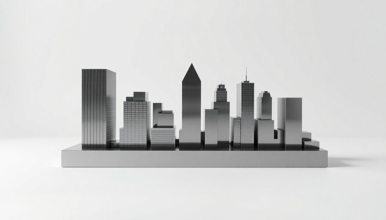 A minimalist, photorealistic studio still-life image featuring a polished, geometric metal sculpture in the shape of the Baltimore skyline, resting on a clean, monochromatic background and reflecting the soft, dramatic studio lighting, conceptually representing the transformation and revitalization of the city's urban core.