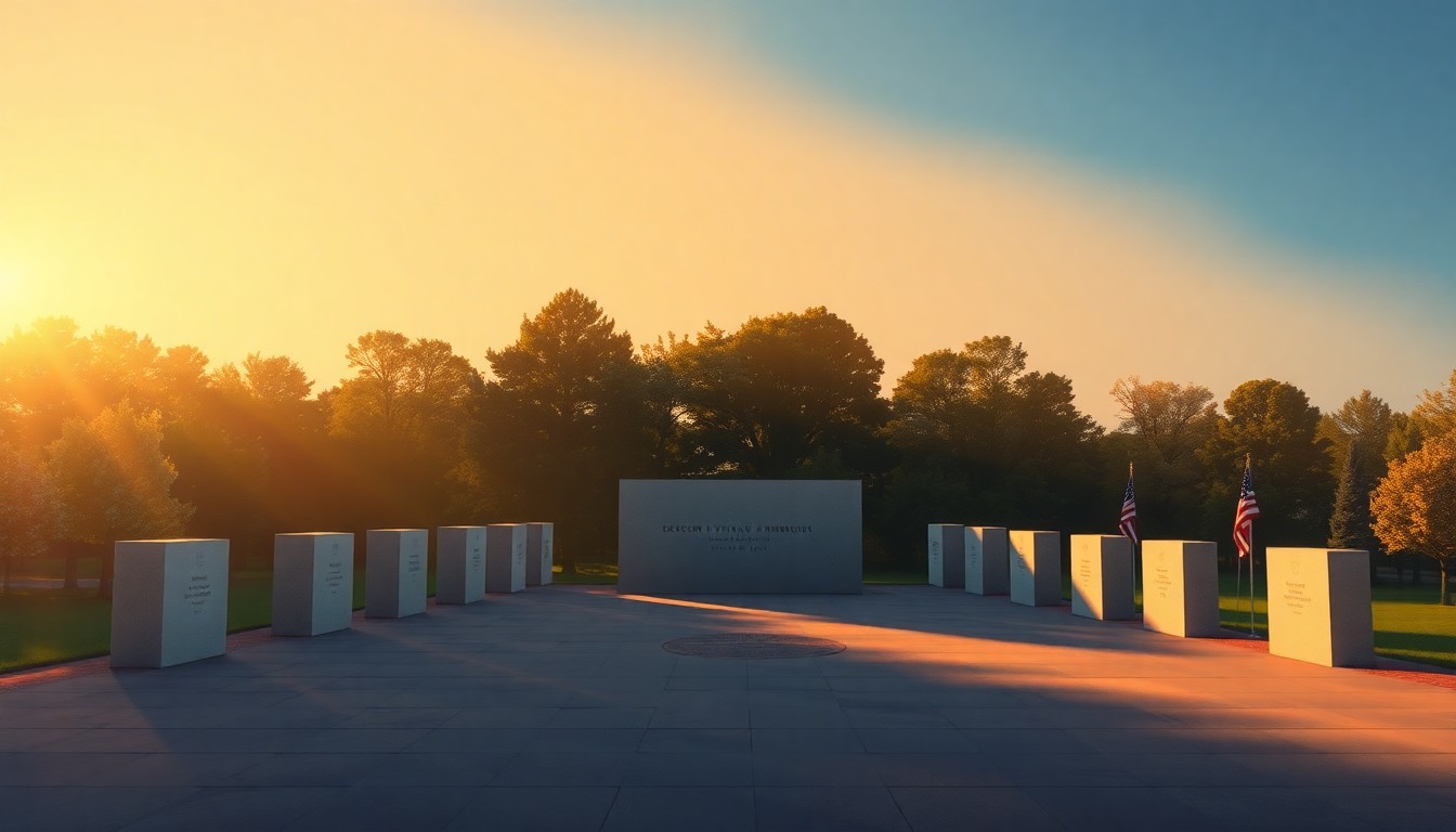 A serene, cinematic painting of the Dogwood Vietnam Memorial in Charlottesville, with the memorial structure bathed in warm, golden light and surrounded by deep shadows, conveying a sense of solemn reflection and remembrance.