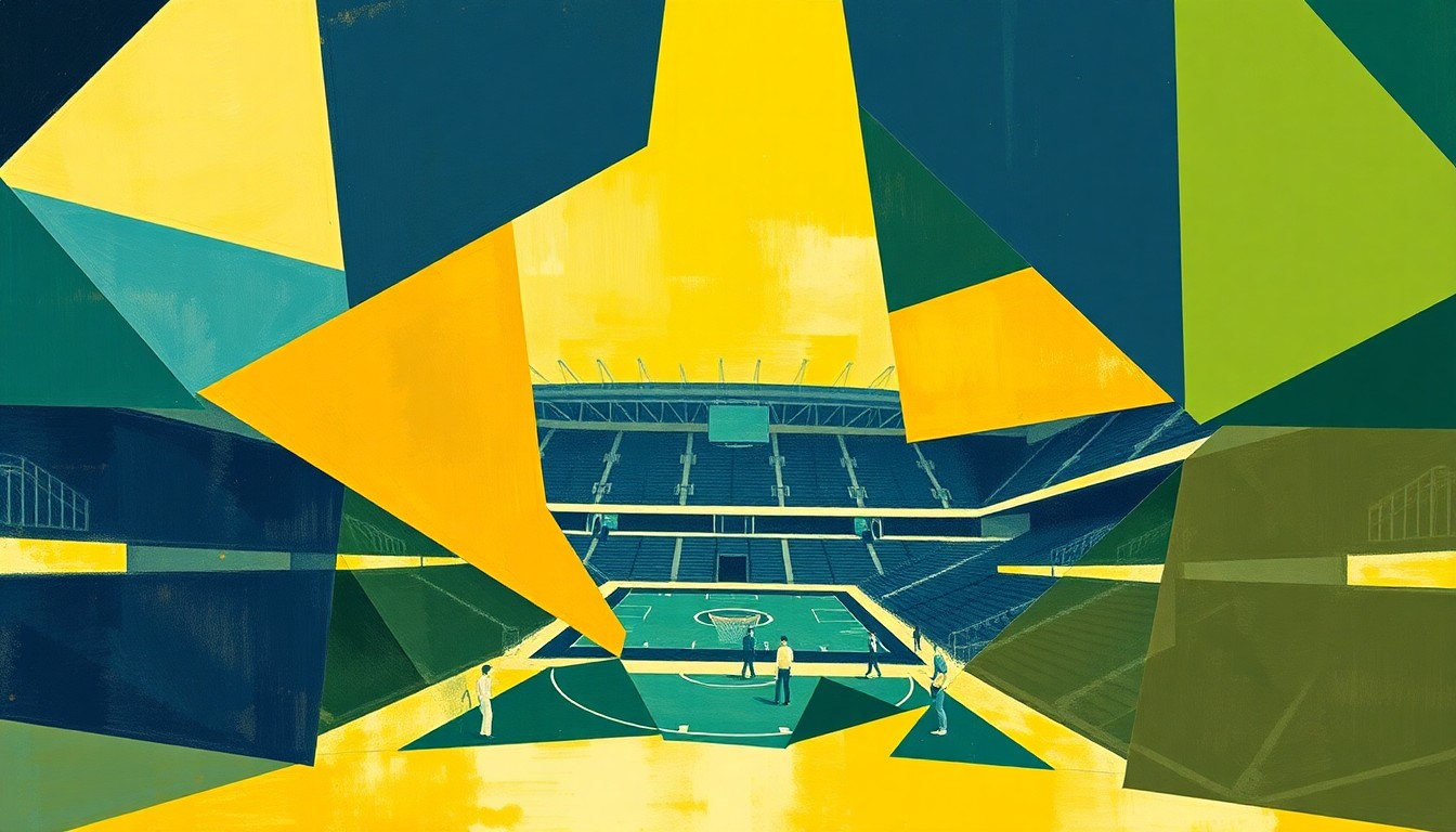 A cubist, geometric painting depicting the fragmented, multi-angled view of a university sports arena, with sharp planes of navy, green, and yellow hues conveying the conceptual idea of a renovated athletic facility.