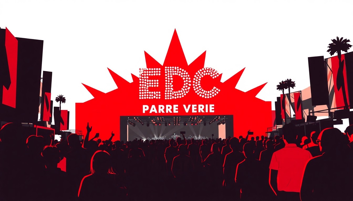 An abstract, minimalist illustration featuring bold, jagged shapes in red and white, conceptually representing the energy and celebration of the EDC Las Vegas World Party Parade.