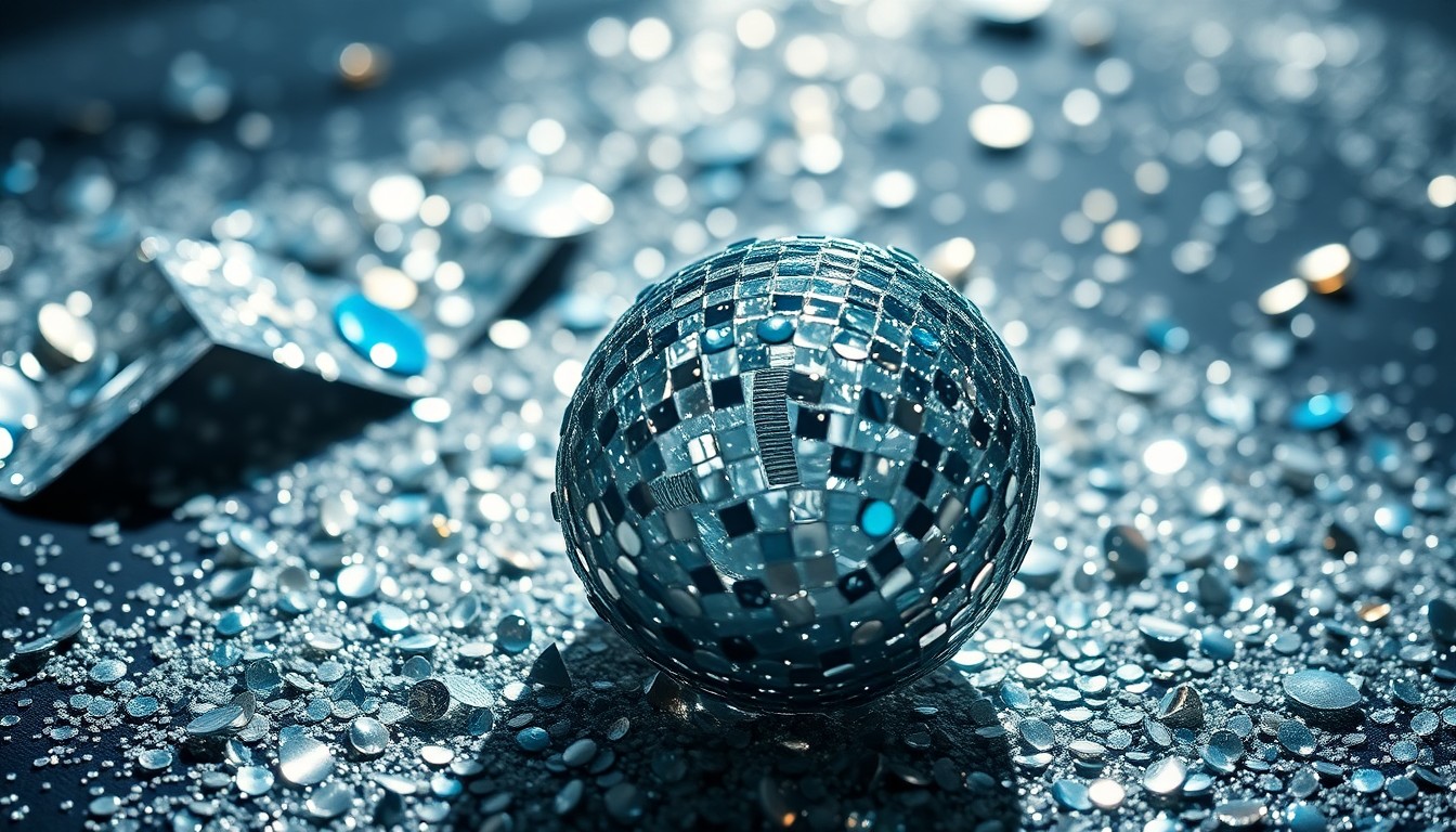 An abstract close-up image of shimmering sequins and shattered glass, capturing the glitz and energy of a live music performance.