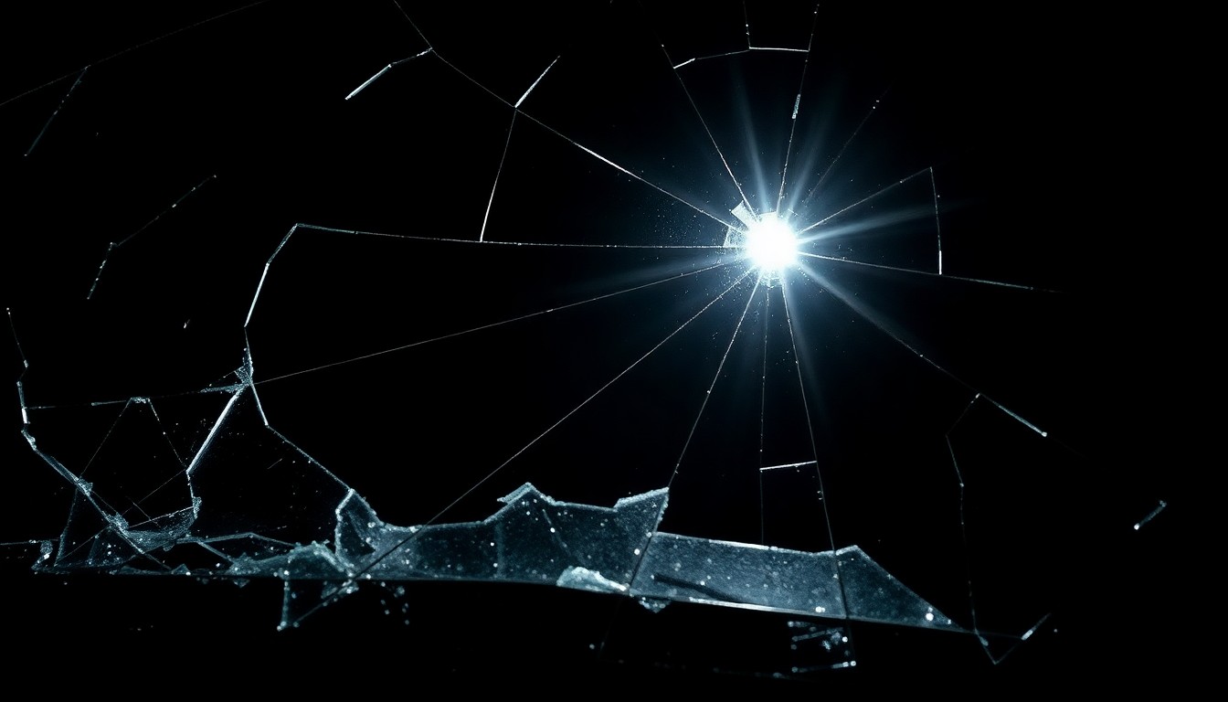 An extreme close-up photograph of shattered car window glass, reflecting the harsh glare of a direct camera flash against a pitch-black background, conceptually illustrating the aftermath of a violent carjacking incident.