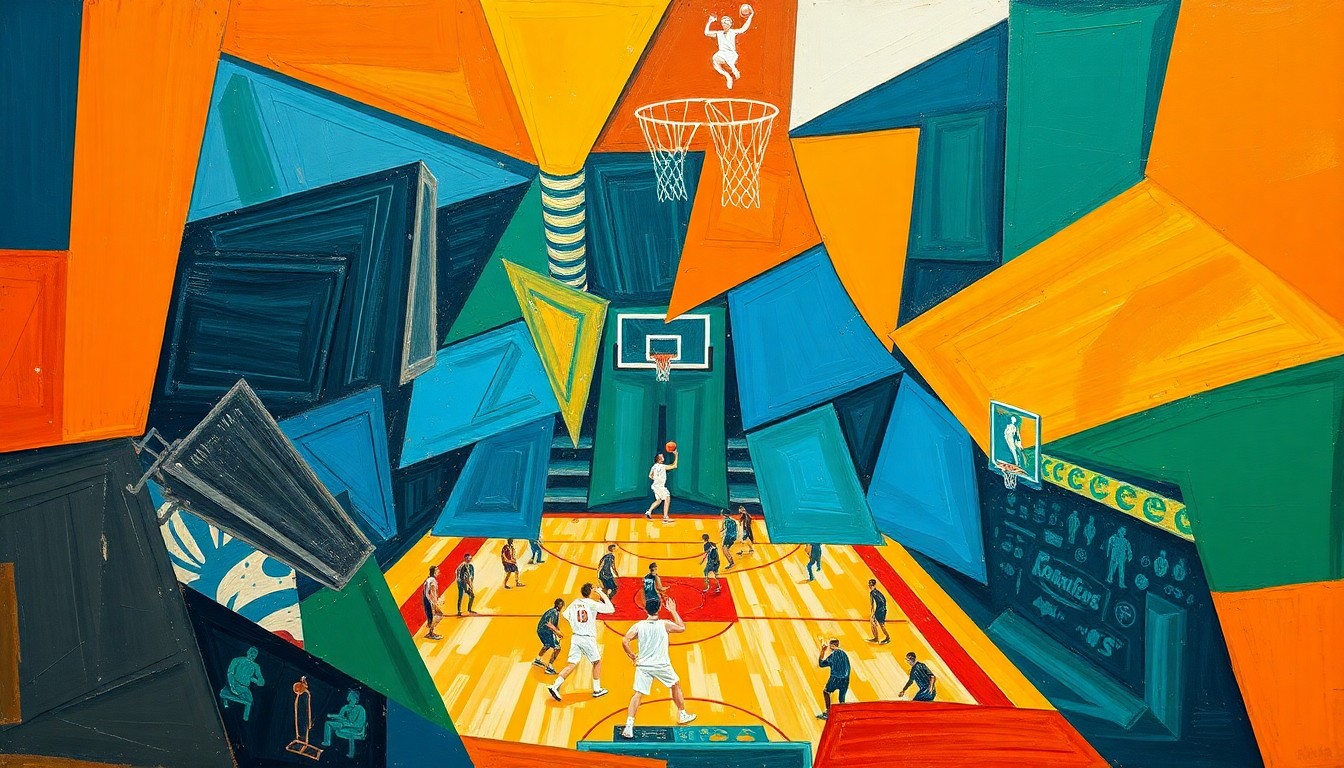 A cubist, geometric painting featuring overlapping planes of vibrant orange, blue, and green, abstractly depicting a basketball game or match.