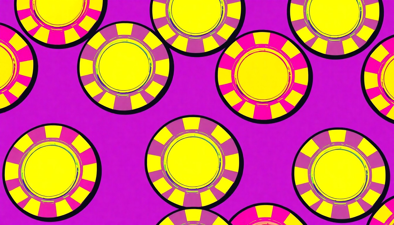 A high-contrast, silkscreen-style illustration of a casino gaming chip or slot machine symbol repeated in a grid pattern, using a bold, neon color palette to capture the lively atmosphere of the Pahrump casinos.