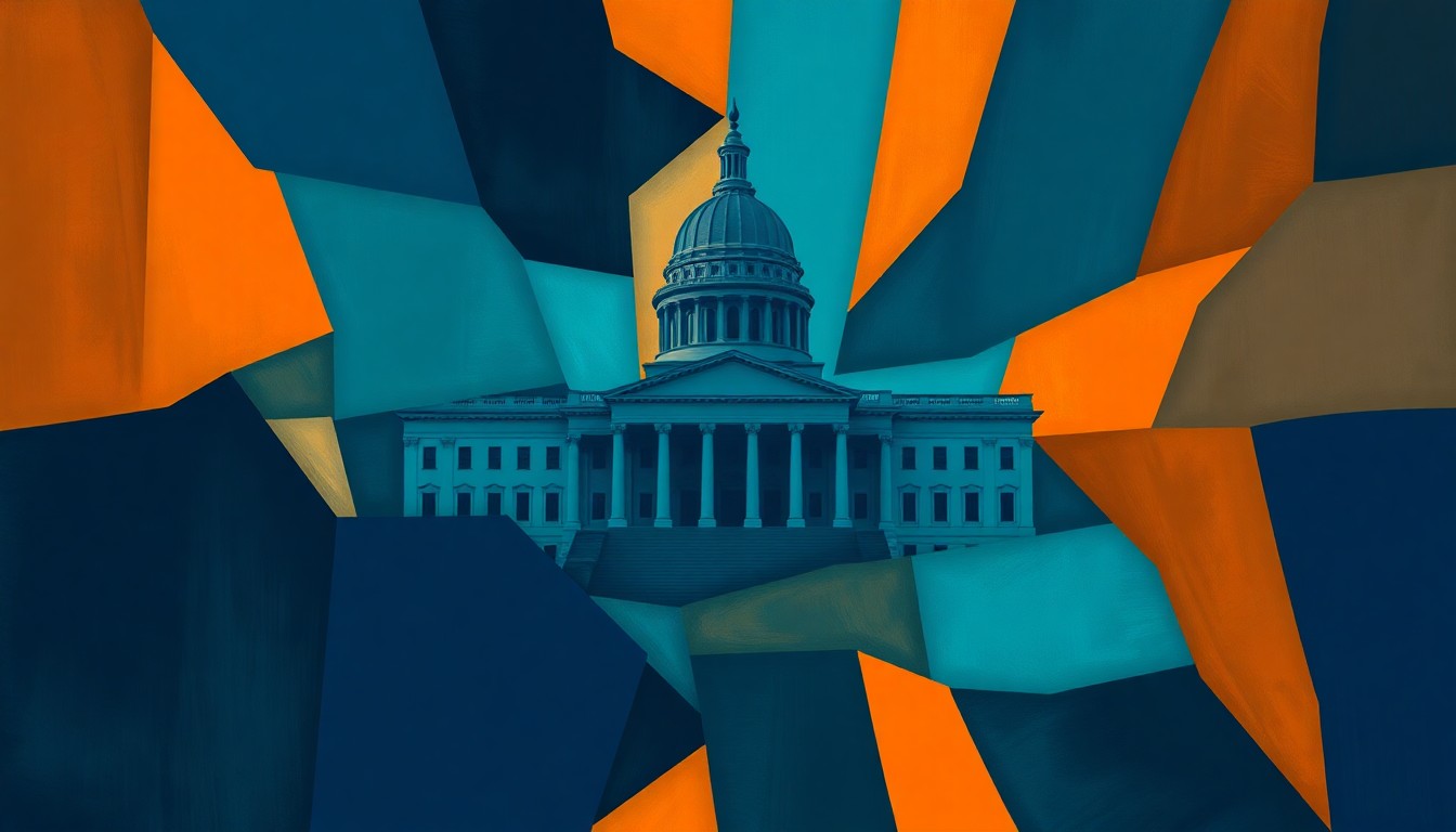 An abstract, fragmented painting of a government building or legislative chamber, with overlapping geometric shapes and waves of dark blue, teal, and orange colors, conveying a sense of political tension and conflict.
