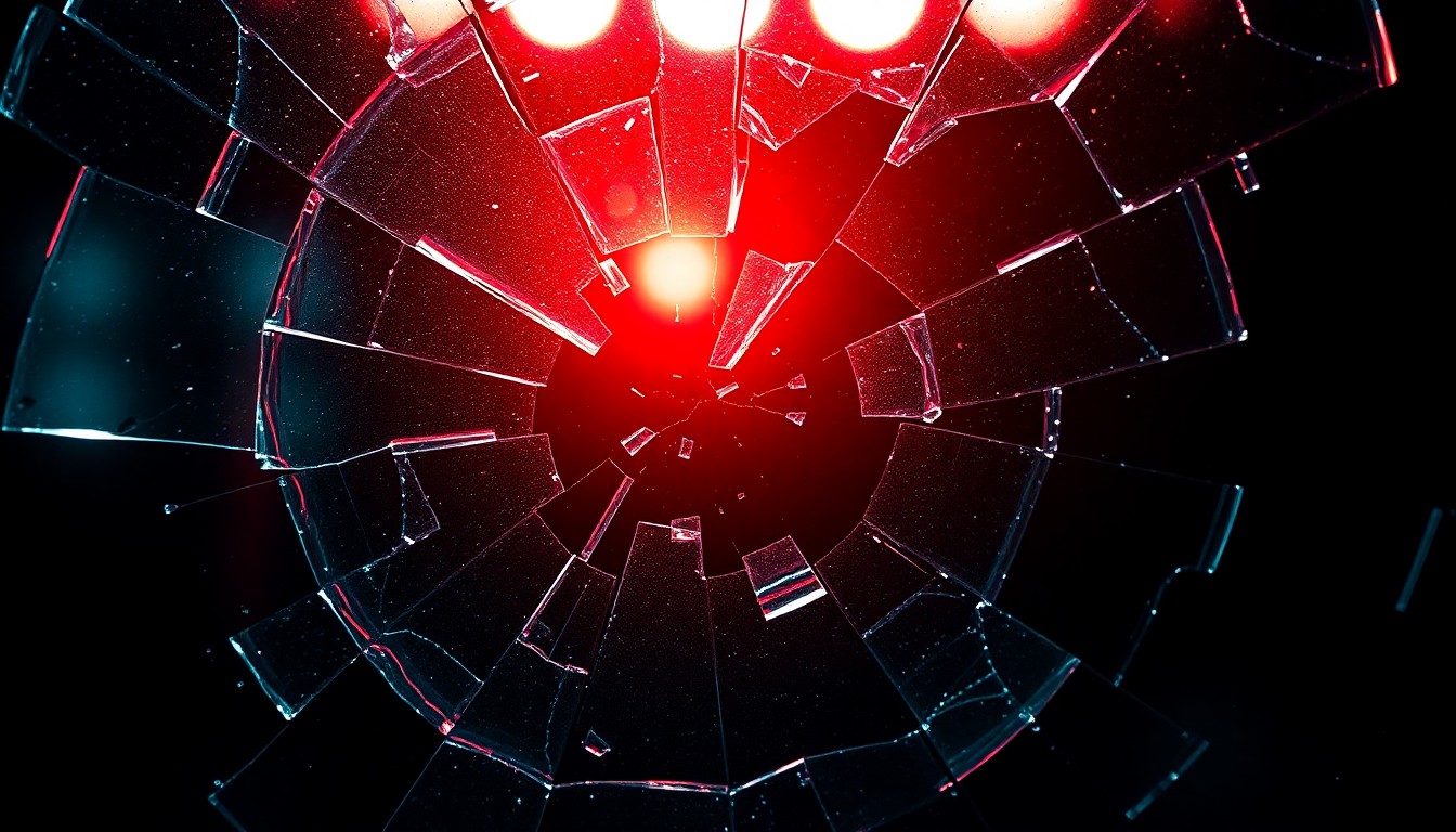 An abstract close-up image of shattered glass reflecting a deep red light, conveying a sense of high-stakes drama and confrontation.