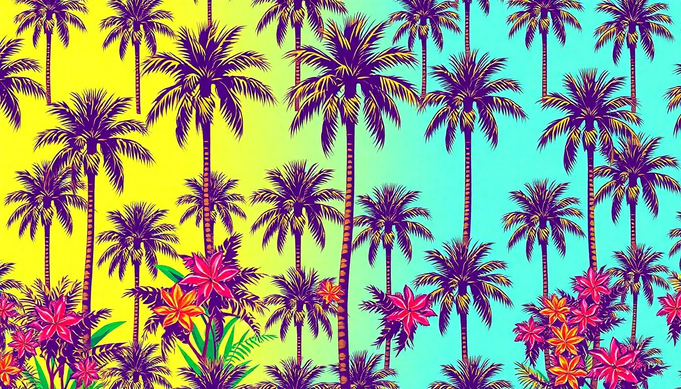 A bold, colorful silkscreen-style illustration featuring a repeating pattern of stylized palm trees and tropical flowers, conveying the vibrant energy and community pride of Palm Beach.