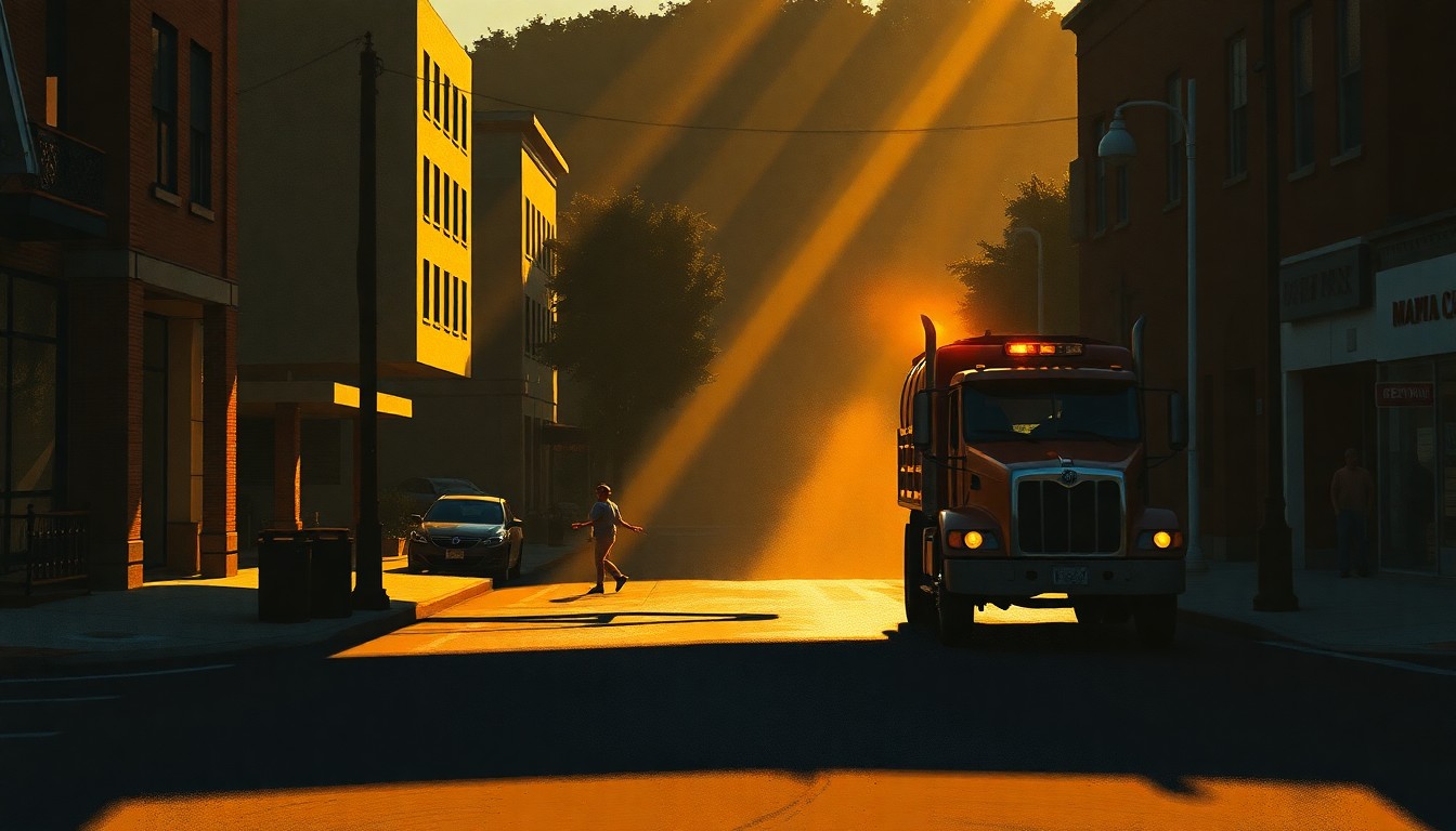 A serene, cinematic painting depicting a solitary paving crew working on a Napa city street, the scene bathed in warm, golden sunlight and deep shadows, capturing the quiet progress of infrastructure improvements funded by the city's Measure G tax increase.
