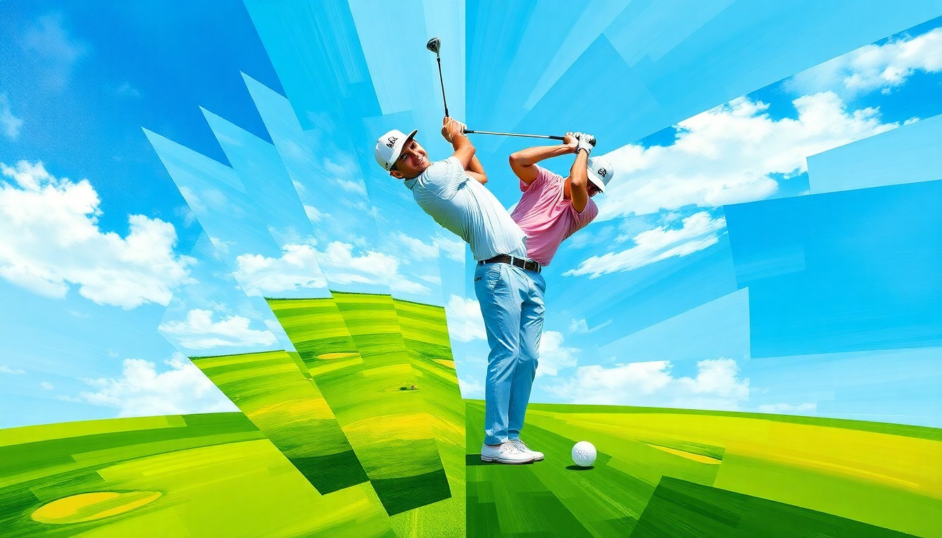 A fractured, geometric painting depicting Scottie Scheffler's golf swing and tee shot, with sharp planes of green, blue, and white representing the fairway, sky, and golf ball.
