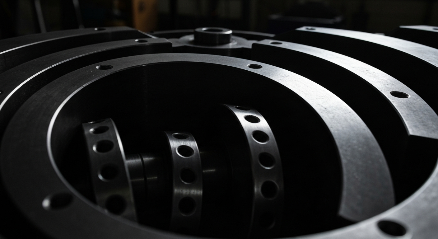 An extreme close-up of intricate, heavy steel machinery and components, dramatically lit against a dark background, representing the advanced technology and manufacturing capabilities that have contributed to Nucor's financial success.