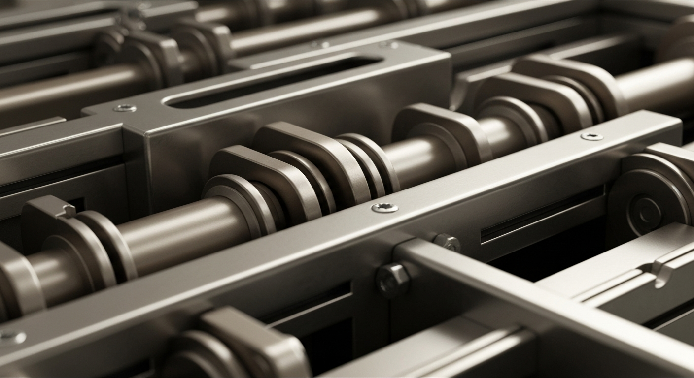 An extreme close-up of intricate, interlocking banking mechanisms and components in shades of steel gray, bronze, and chrome, conveying the secure, institutional power of Cathay General Bancorp's financial infrastructure.
