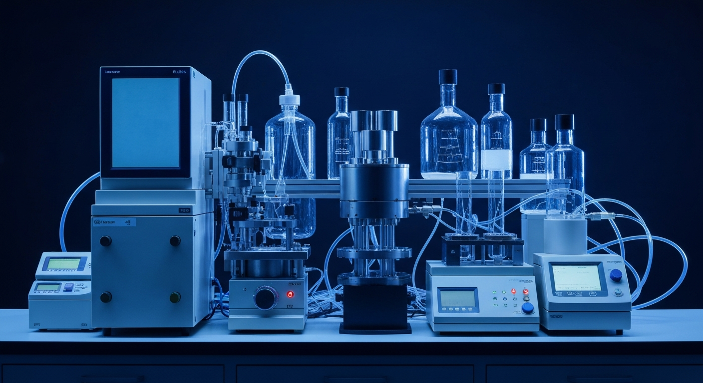 An extreme close-up of complex, metallic biotech laboratory equipment and machinery, conveying a sense of industrial power and scientific innovation.