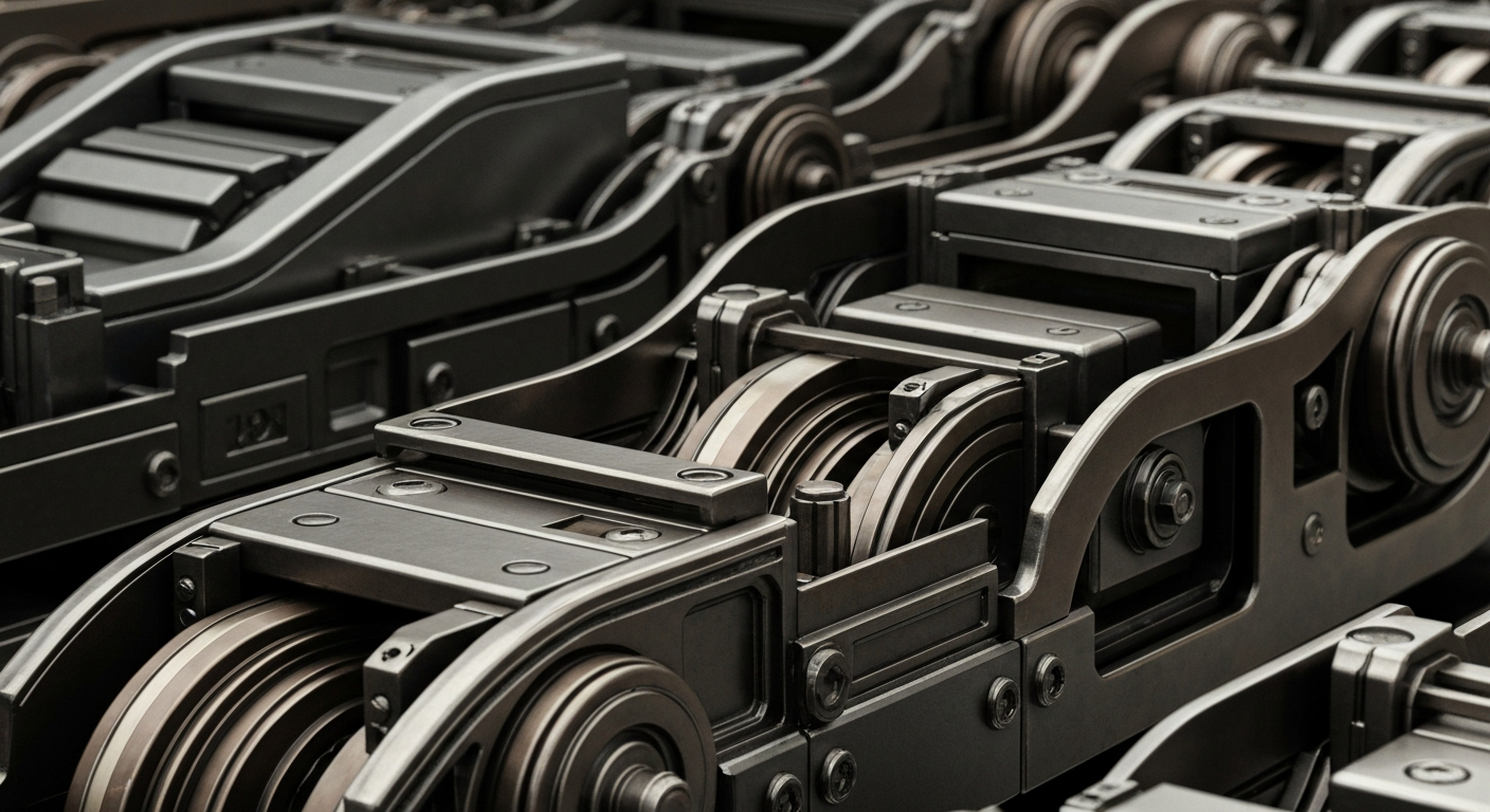 An extreme close-up of a complex, industrial-looking financial mechanism with gears, levers, and polished metal surfaces, conveying a sense of the secure, powerful infrastructure underlying the financial industry.