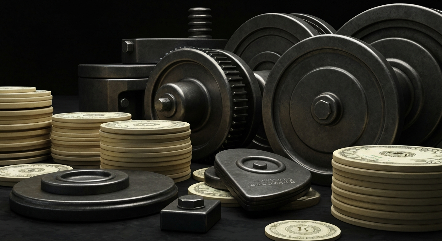 An extreme close-up of intricate, industrial-looking financial machinery and equipment, conveying a sense of power, security, and the tangible nature of the banking industry.