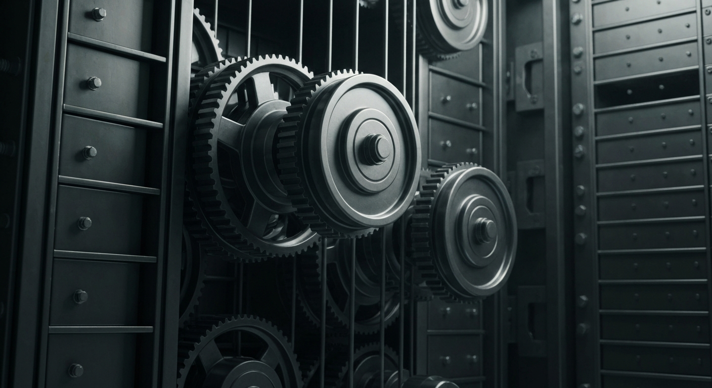An extreme close-up of the intricate, heavy machinery and mechanisms of a large bank vault, conveying a sense of institutional financial power and security through its detailed industrial design.