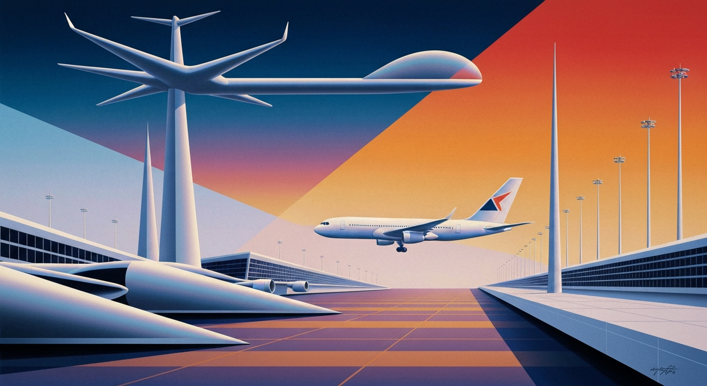 A highly stylized, geometric illustration depicting the grand scale and streamlined forms of air travel, with sweeping airbrushed gradients and towering forced perspectives, capturing the romance and innovation of the airline industry's latest luxury offerings.