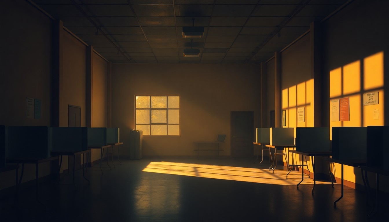 A serene, photorealistic painting of an empty polling station interior, with warm sunlight streaming through the windows and creating deep shadows across the room. The scene conveys a sense of civic duty and the solemnity of the voting process.