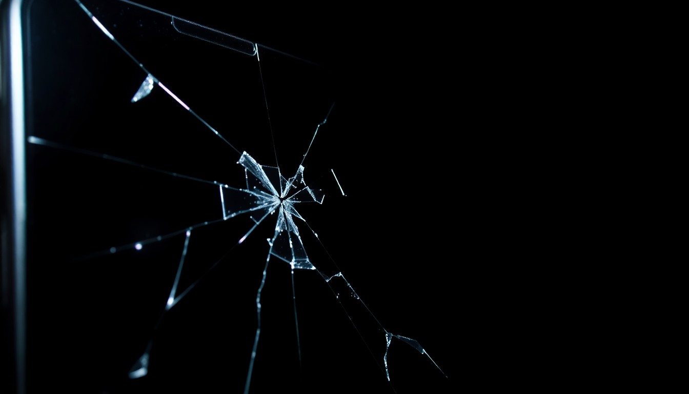 An extreme close-up of a shattered smartphone screen, the glass reflecting a harsh, direct camera flash, conceptually representing the digital predation at the heart of this case.