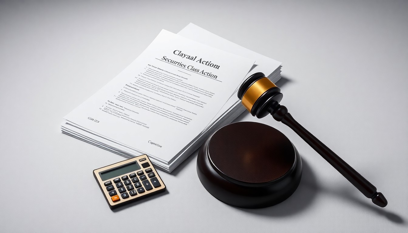 A high-end, photorealistic studio still-life photograph featuring a stack of legal documents, a calculator, and a gavel arranged elegantly on a clean, monochromatic background, conceptually representing the abstract concepts of corporate litigation, financial loss, and judicial decision-making.