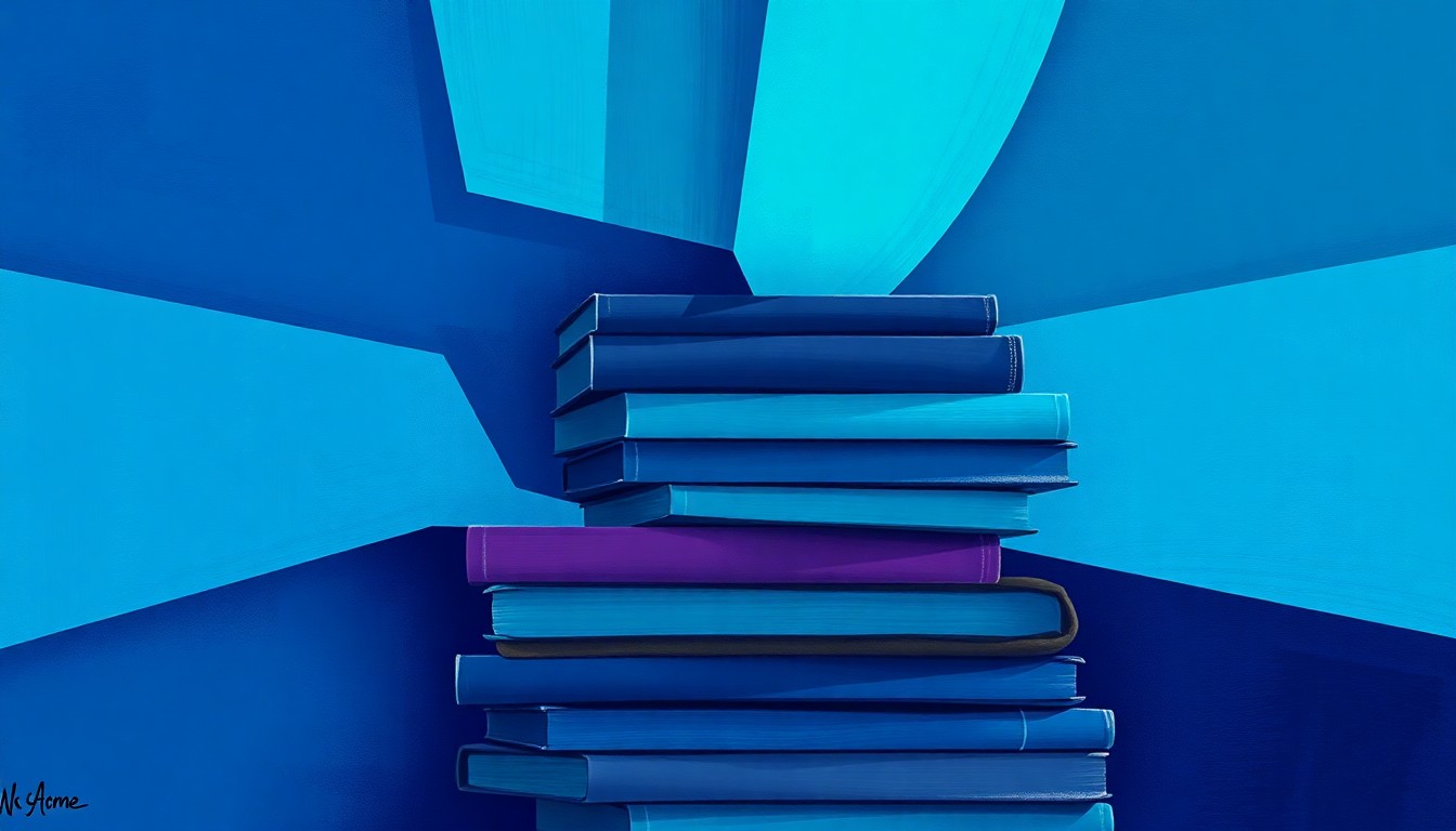 A highly textured, abstract painting featuring overlapping, geometric waves of deep blue, teal, and violet colors, conceptually representing the political controversy around the New York Times Best Sellers list and its treatment of bulk book sales.