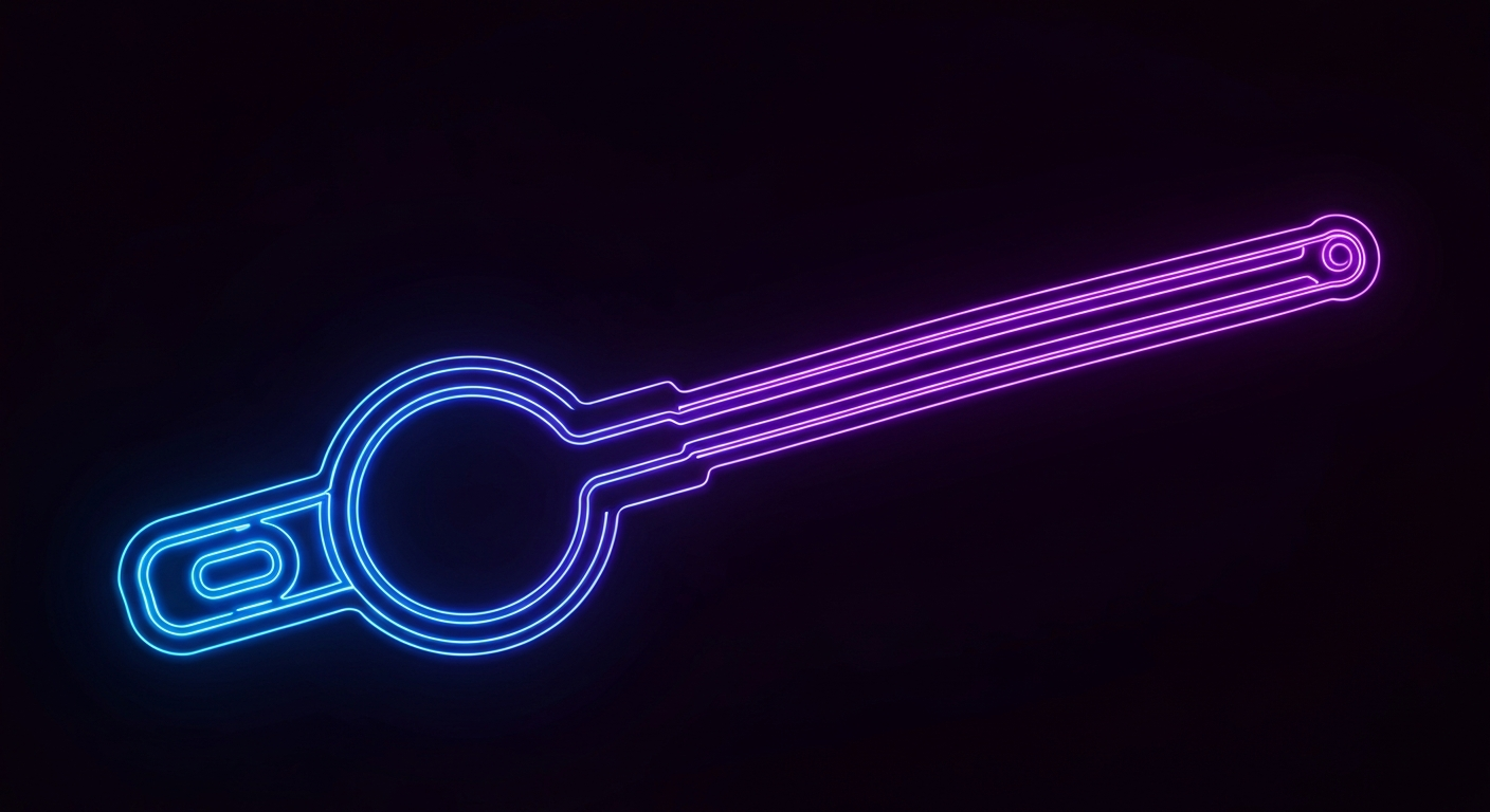 A minimalist neon outline of a human T cell receptor in vibrant shades of blue and purple, representing the targeted activation of the T cell engager within the tumor microenvironment.