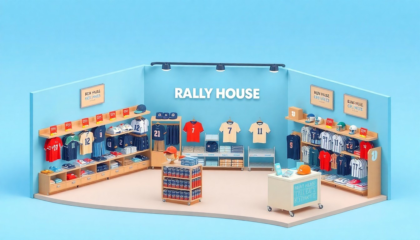 A clean, minimalist 3D digital illustration depicting the interior of a stylized retail store, with shelves displaying various sports jerseys, hats, and other merchandise, representing the new Rally House location in Cary, North Carolina.
