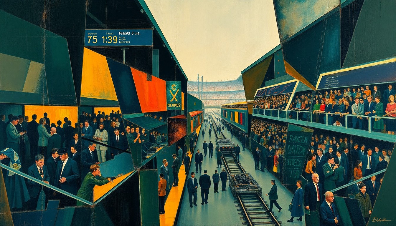 A cubist-style painting depicting a fragmented scene of a crowded train platform and stadium, with sharp geometric shapes in navy, green, and orange representing the chaotic transportation challenges surrounding the 2026 World Cup in New Jersey.