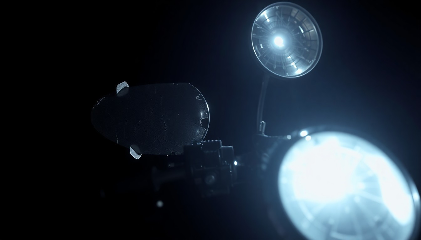 An extreme close-up photograph of a crumpled motorcycle fender, the harsh flash illuminating the twisted metal and conveying a sense of the sudden impact and aftermath of the fatal crash.