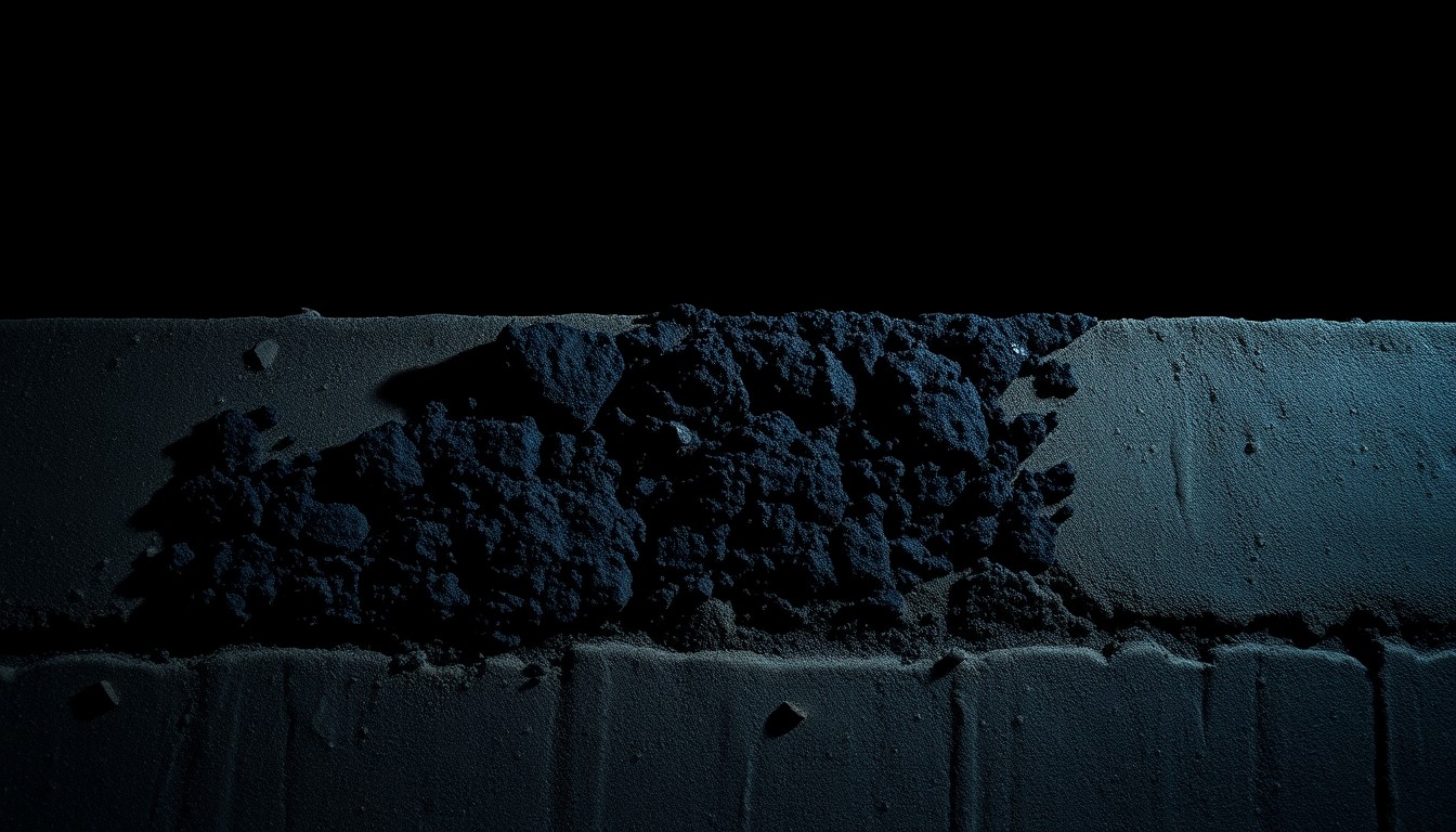 An extreme close-up photograph of black mold growth on a concrete surface, lit by a harsh, direct camera flash against a pitch-black background, creating a stark, gritty, investigative aesthetic.