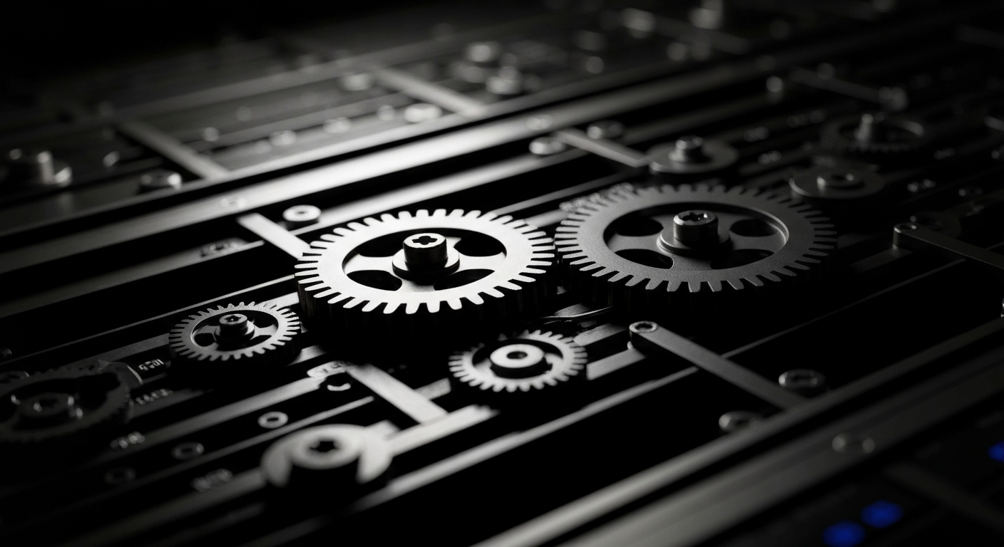 An extreme close-up of the heavy, industrial components and mechanisms of a stock trading terminal, conveying the complex financial infrastructure behind eBay's online marketplace.