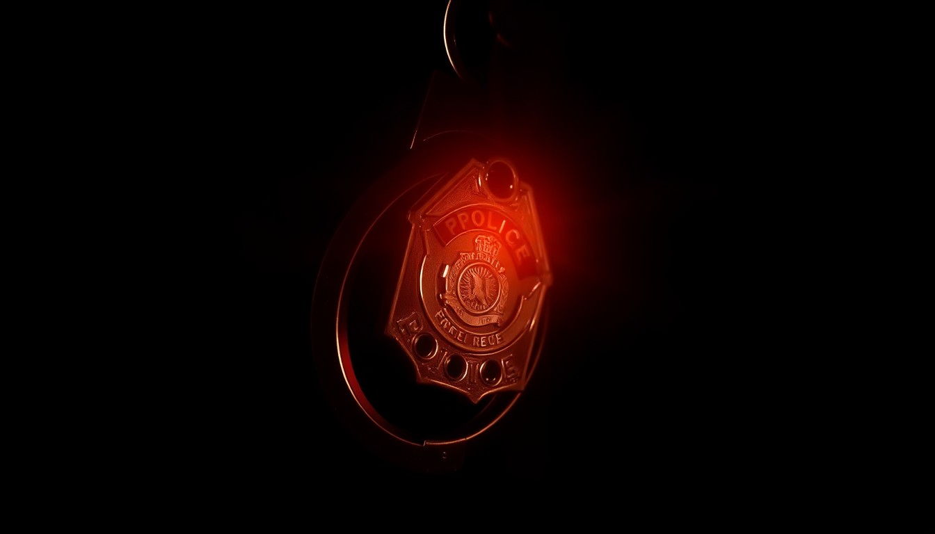 An extreme close-up photograph of a police badge or handcuffs lit by a harsh, direct camera flash against a pitch-black background, conceptually illustrating the investigative nature of misconduct within the state police force.