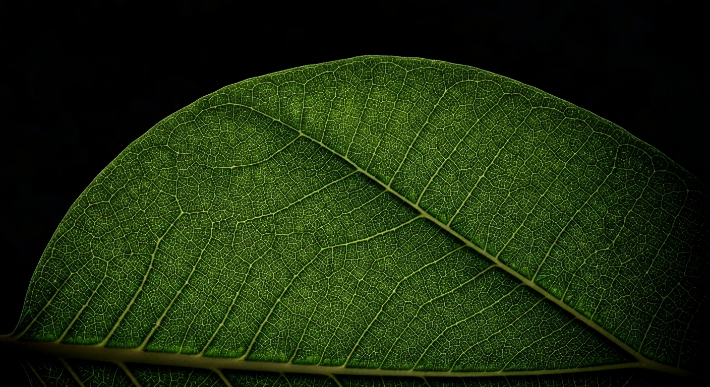 An abstract, ghostly X-ray image showing the intricate internal structure of a kratom leaf, conceptually representing the health risks and medical complications associated with this unregulated supplement.