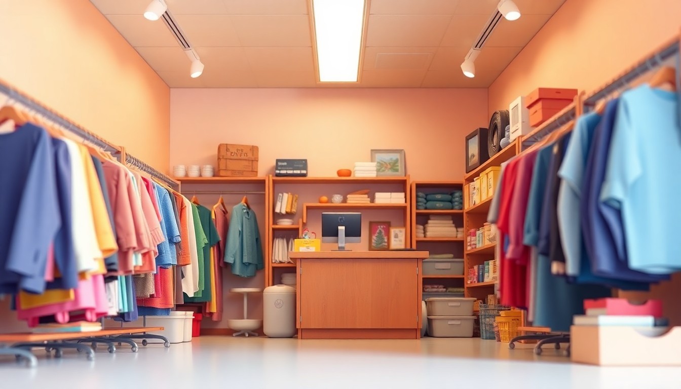 A clean, modern 3D digital illustration depicting the interior of a thrift store, with racks of clothing, shelves of household items, and a checkout counter, all rendered in a stylized, minimalist aesthetic with soft lighting and bold colors.